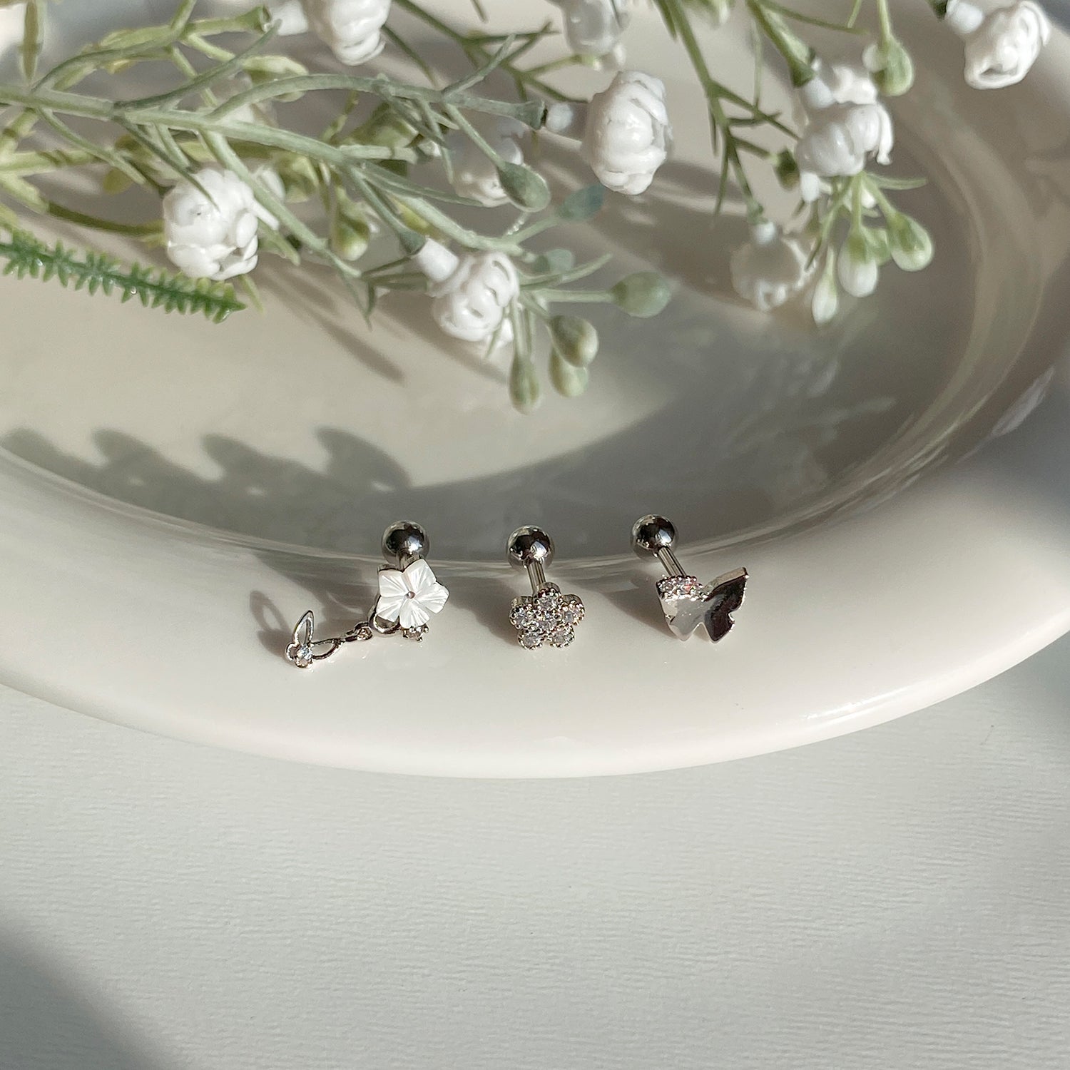 SET-077 螺鈿フラワードロップ蝶キュービックピアスセット