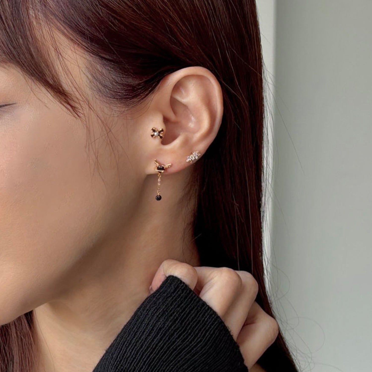 SET-091 ゴールドブラックリボンコンビフラワードロップピアスセット