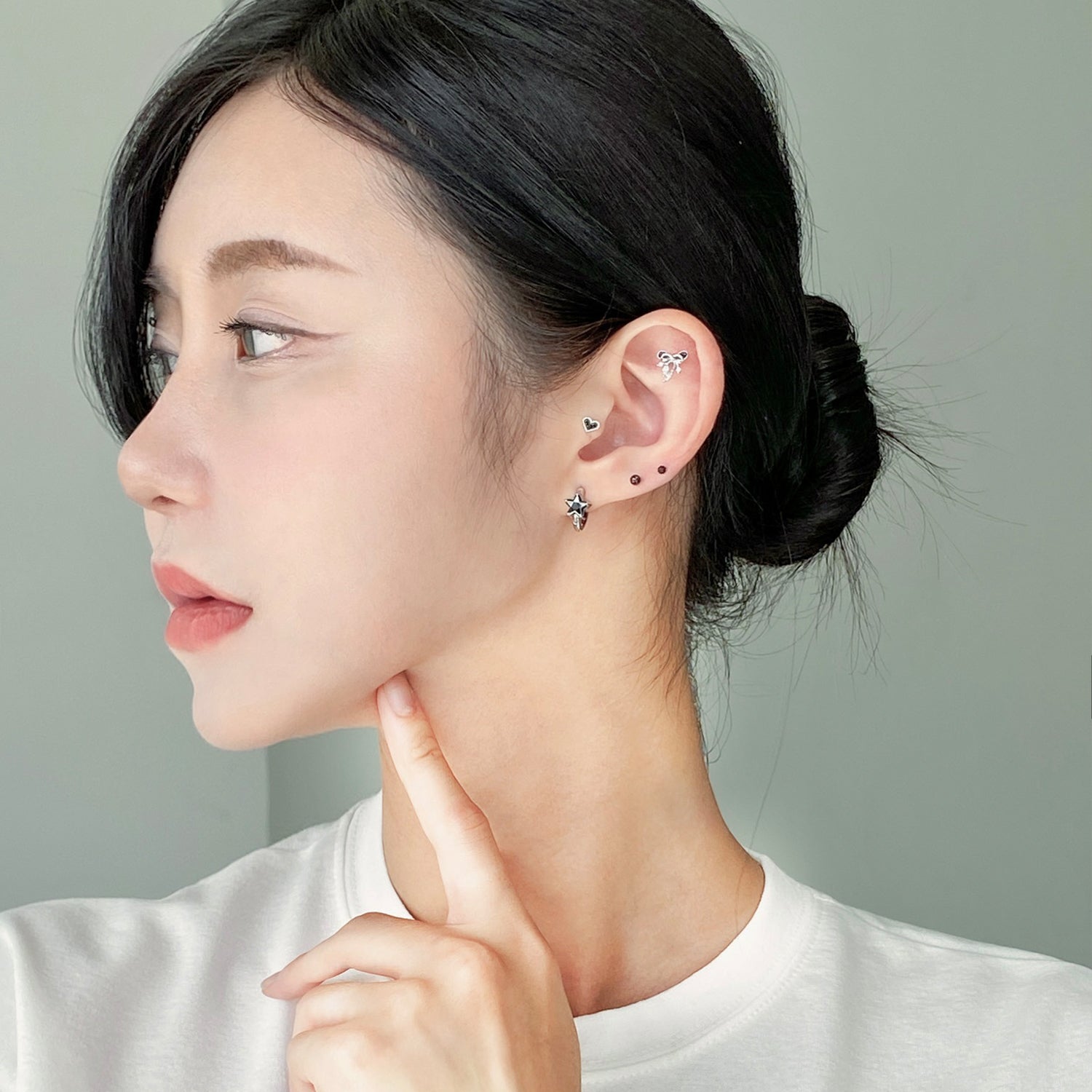 SET-001 キュービックハートブラックホワイトリボンピアセット