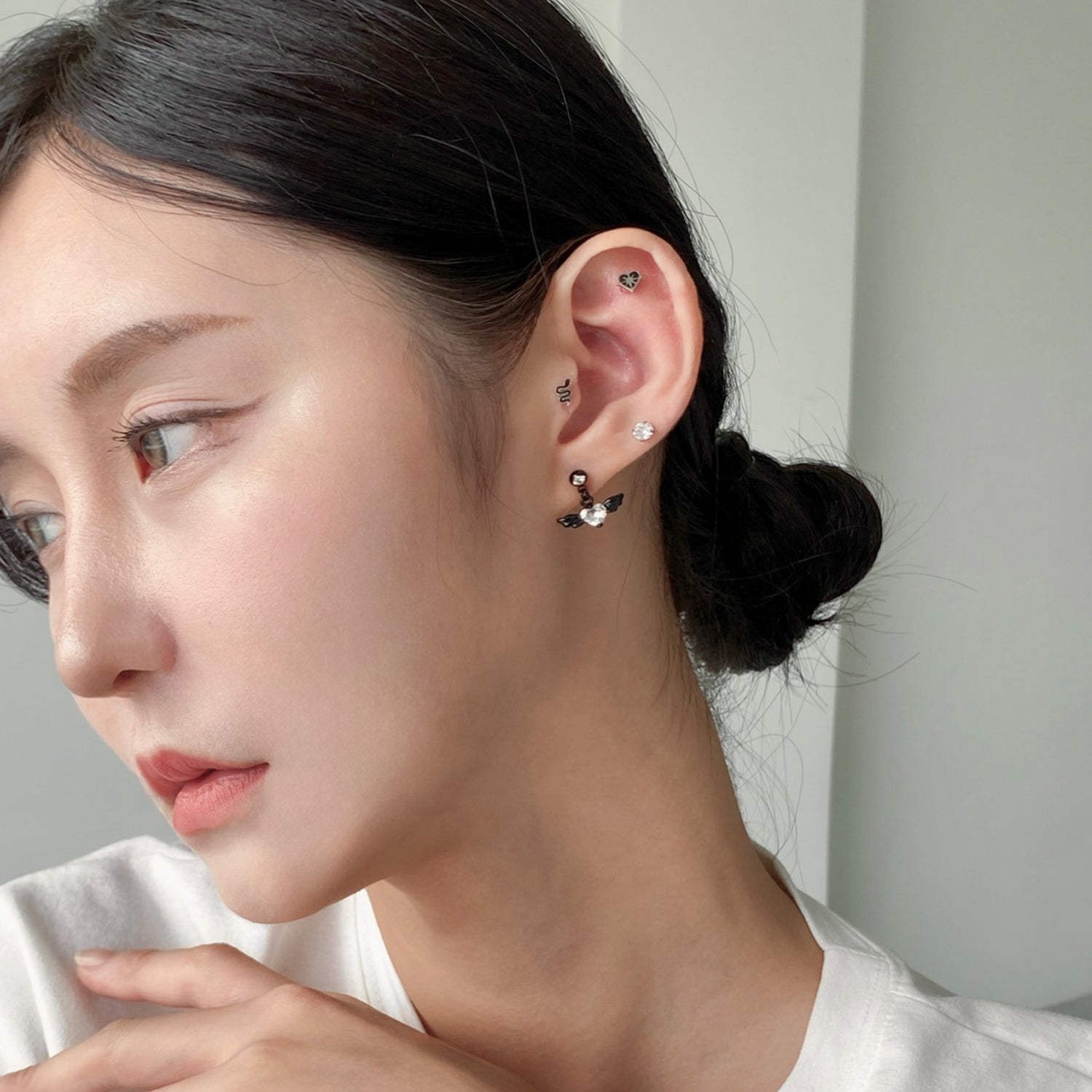 SET-016 キュービックドロップハートウィングスチールボアヘビハートピアスセット