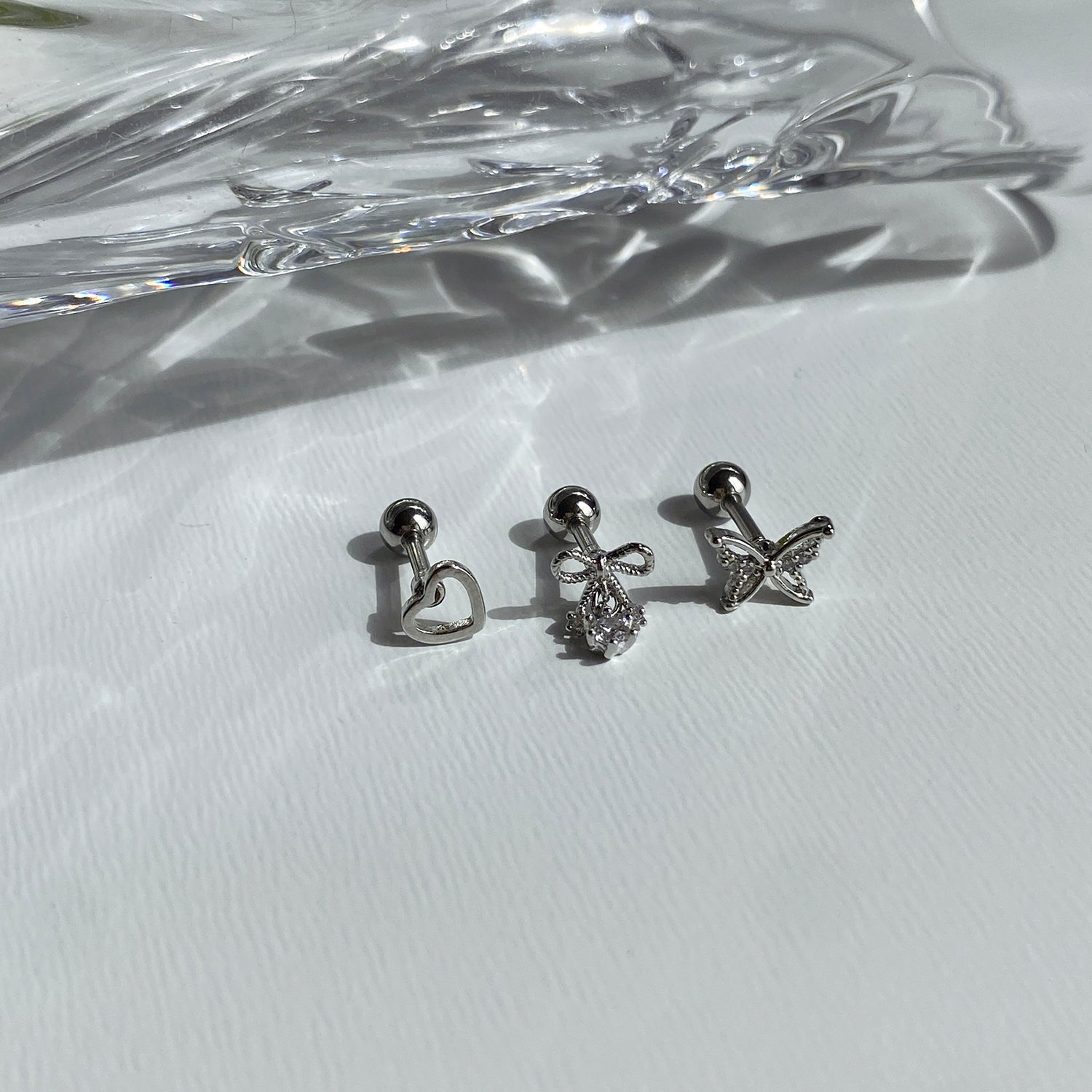 SET-042 シンプルホワイトハート蝶リボンドロップピアスセット