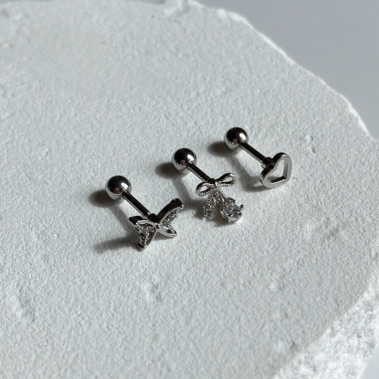 SET-042 シンプルホワイトハート蝶リボンドロップピアスセット