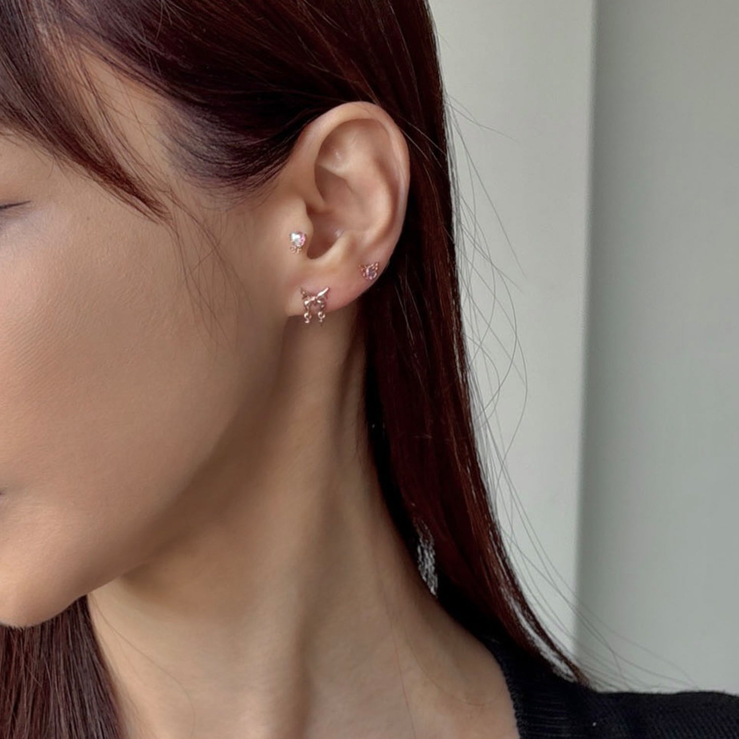 SET-063 オーロラドロップリボンハートナビキュービックピアスセット