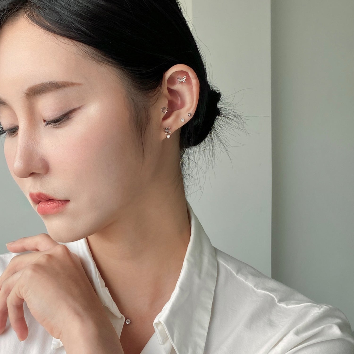 SET-042 シンプルホワイトハート蝶リボンドロップピアスセット