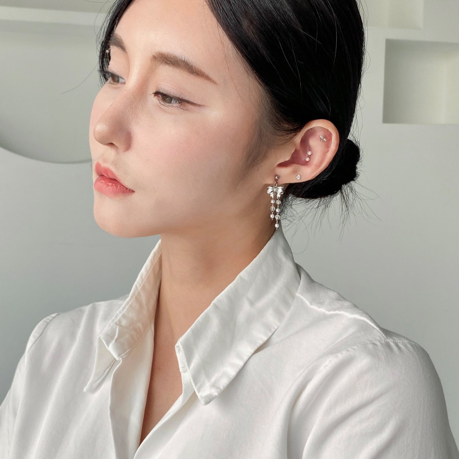 SET-034 アクリルパールキュービックビーズリボンドロップピアスセット