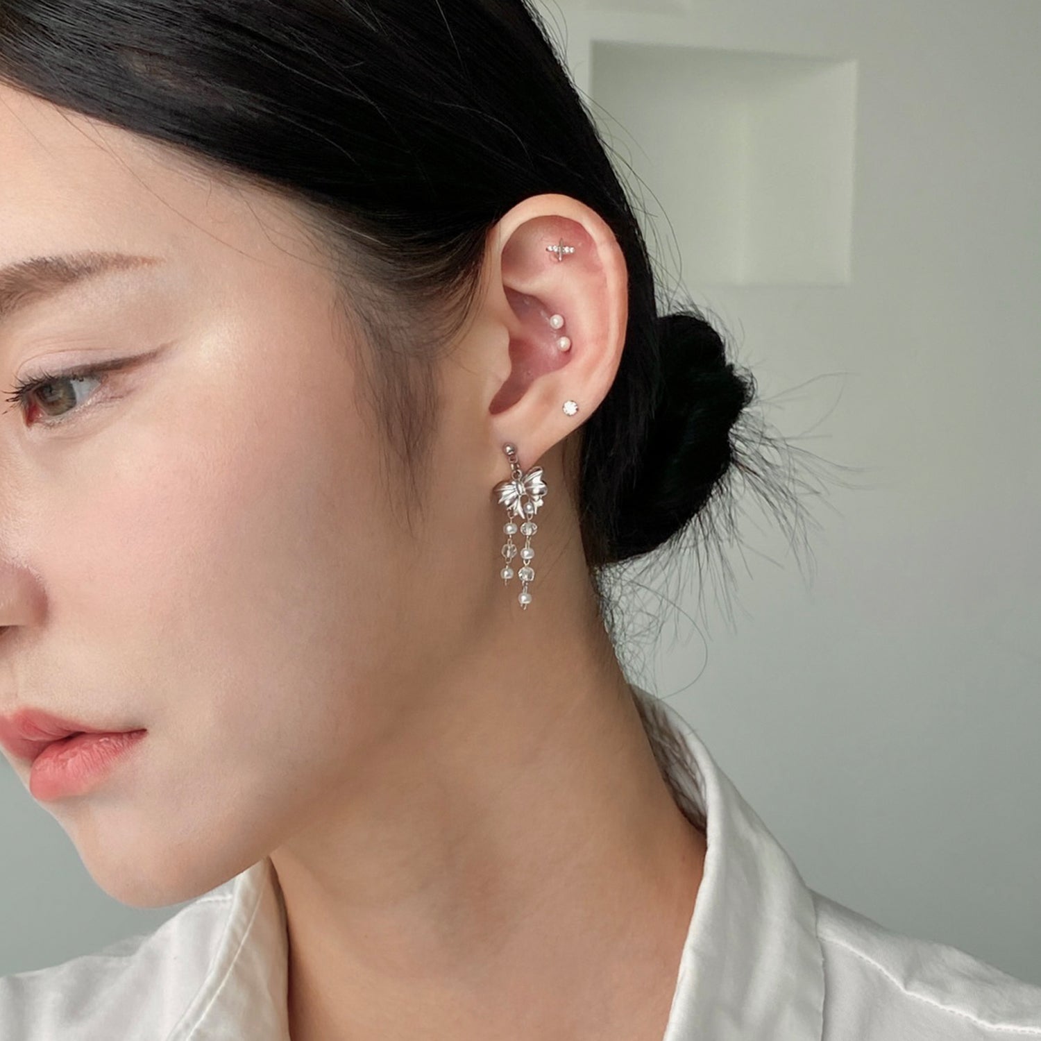 SET-034 アクリルパールキュービックビーズリボンドロップピアスセット