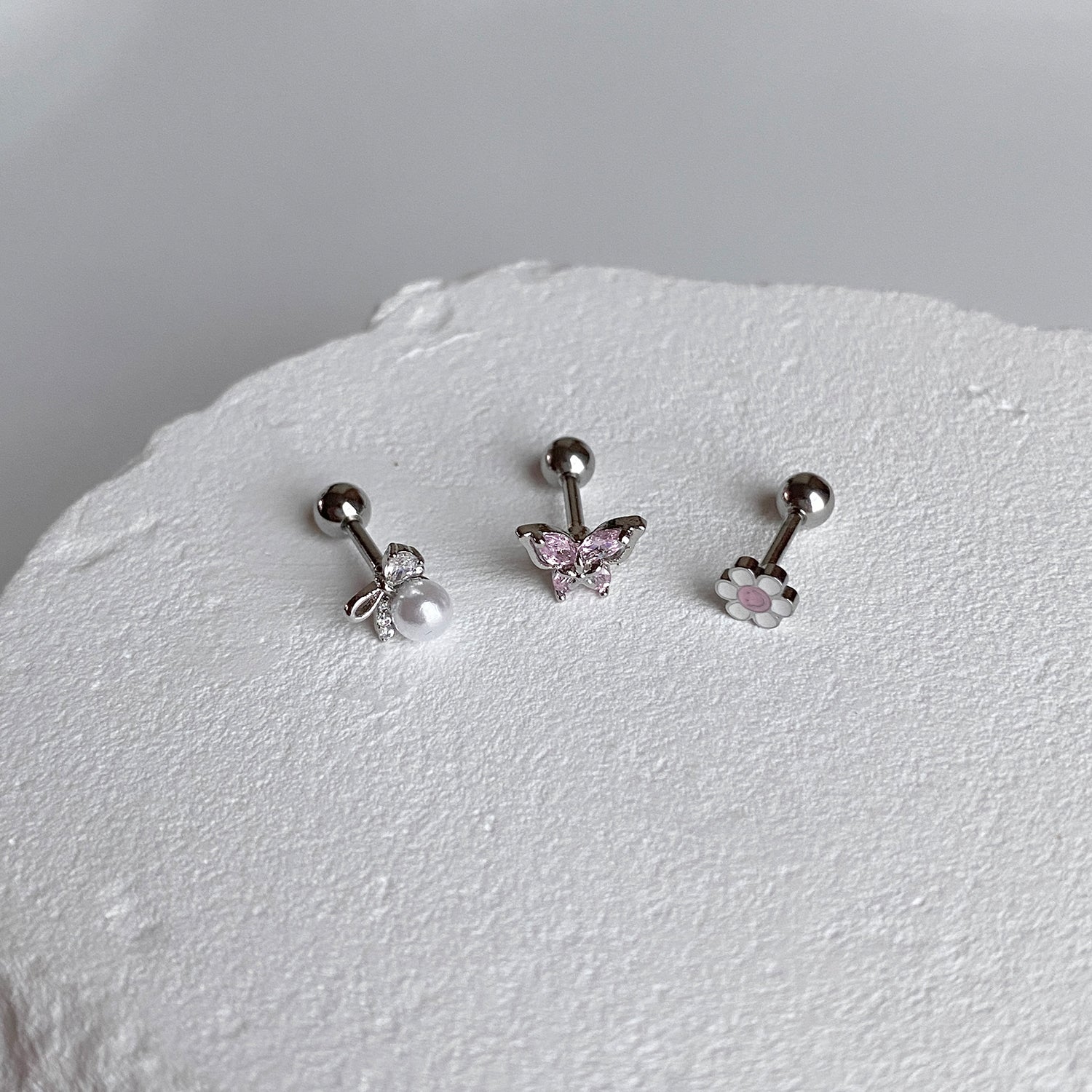 SET-070 エポキシフラワーパールリボン蝶キュービックピアスセット