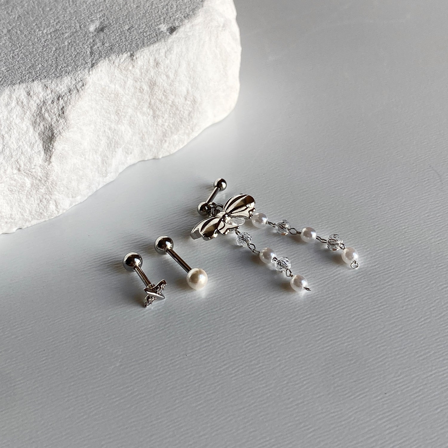 SET-034 アクリルパールキュービックビーズリボンドロップピアスセット