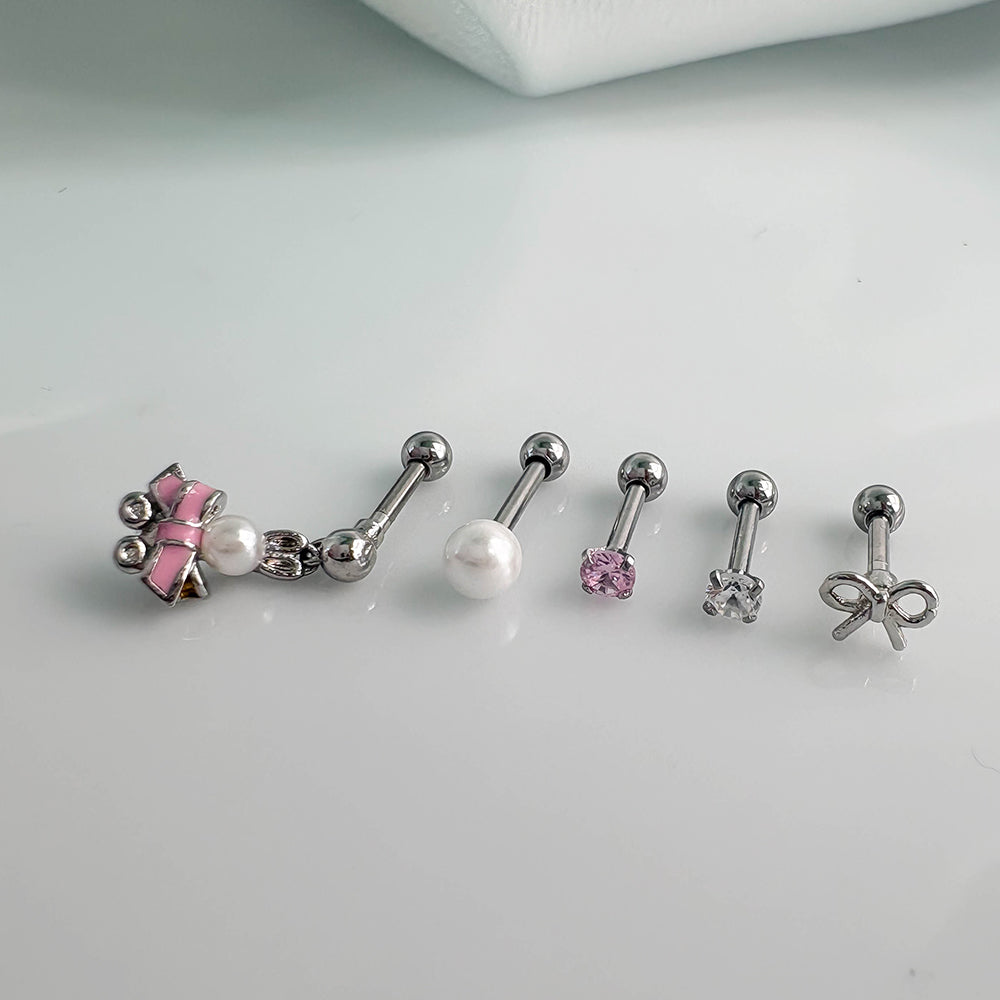 TheminisレビットパールポイントリボンドロップピアスA10 074