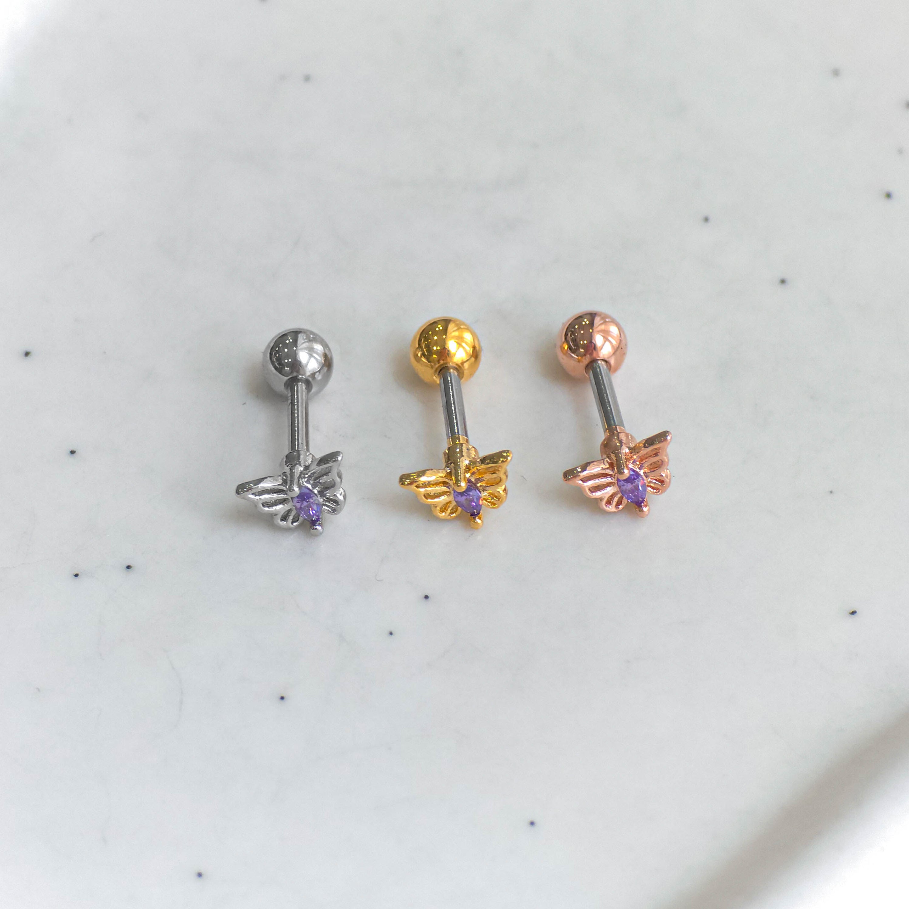 theminis ドロップ 蝶 真鍮 キュービックジルコニア ピアス 軟骨ピアス a3 038