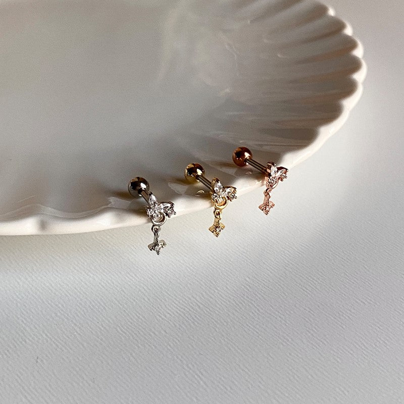 theminis ドロップ 蝶 ムーン 真鍮 キュービックジルコニア ピアス 軟骨ピアス a8 285